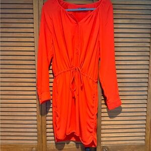 GAP Women's Bright Dark Orange/ Coral Long-Sleeve Drawstring Waist Dress